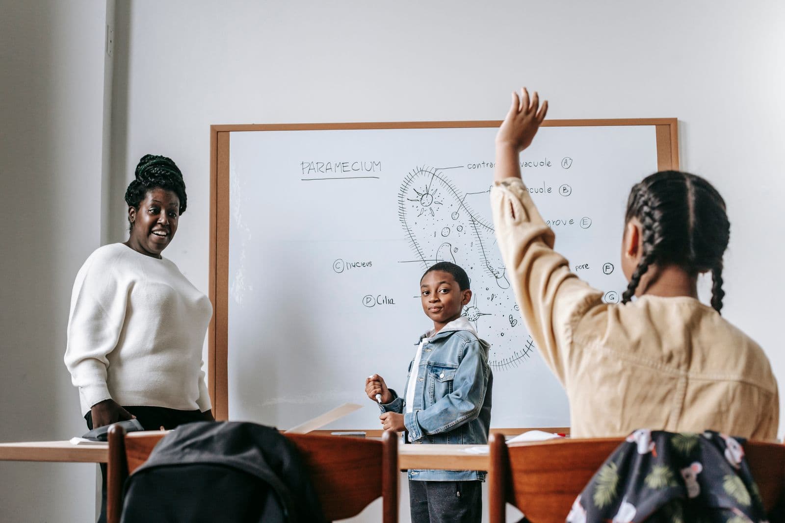 A teacher and engaged students during a classroom lesson